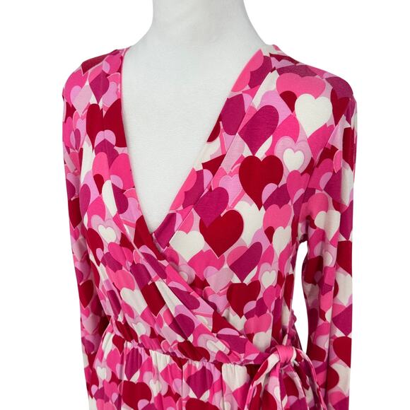 Draper James RSVP Pink Heart Print Wrap Dress Small Ruffle Hem Long Sleeve - Picture 2 of 16
